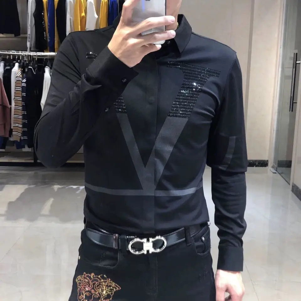 Men's autumn long sleeve shirt trend fashion slim Korean version of personality letter hot diamond printing Joker shirt