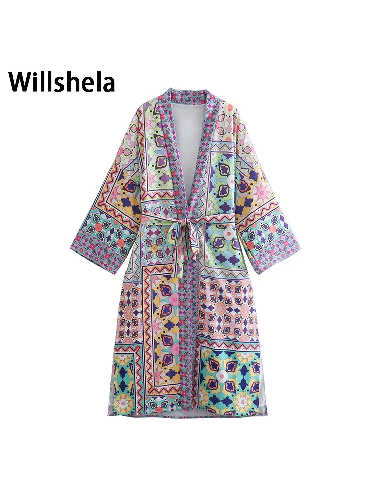 

Willshela женское модное платье с поясом, с принтом, с Боковым Разрезом, длинное платье, блузка, винтажная, с v-образным вырезом, с длинными рукава...