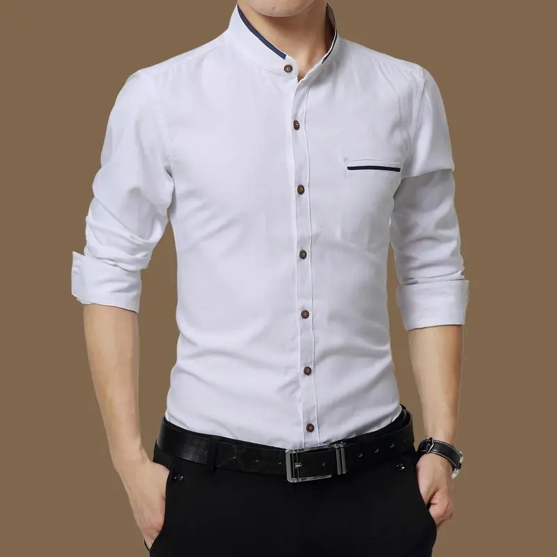 Mattswag Mens High Quality Stand Collar Business Shirts Spring Autumn Breathable Long Sleeve Tops Casual Fashion Formal Camisa