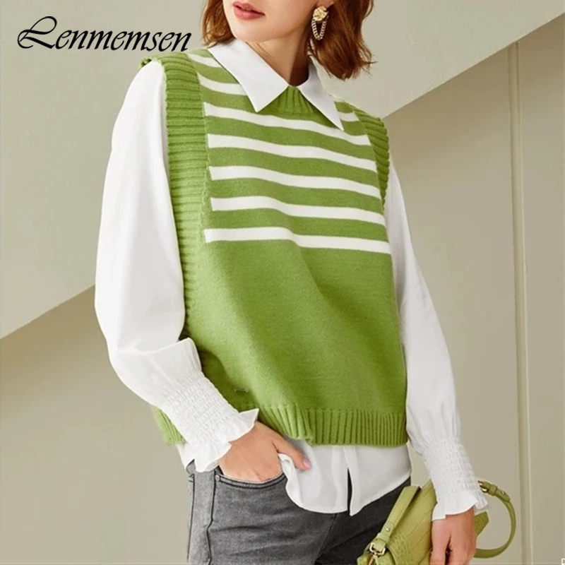 

Lenmemsen Casual Loose Knitted Vest Sweater Women Autumn Winter V-neck Sleeveless Striped Knitwear Female New Chic Pullover Tops