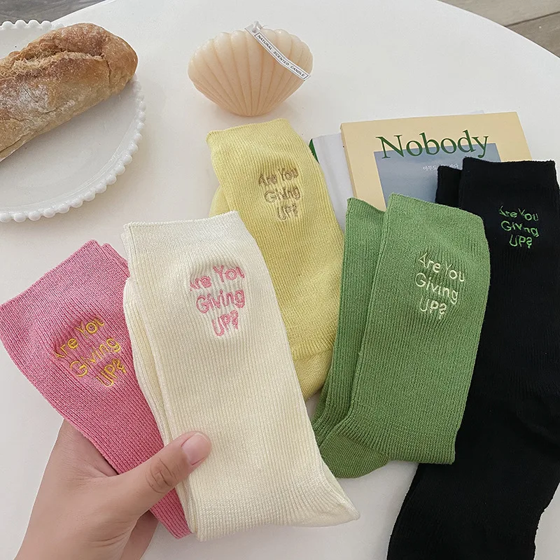 

Embroidered letters in spring and summer Candy-colored double-needle women's socks cream-colored Joker cotton stocking