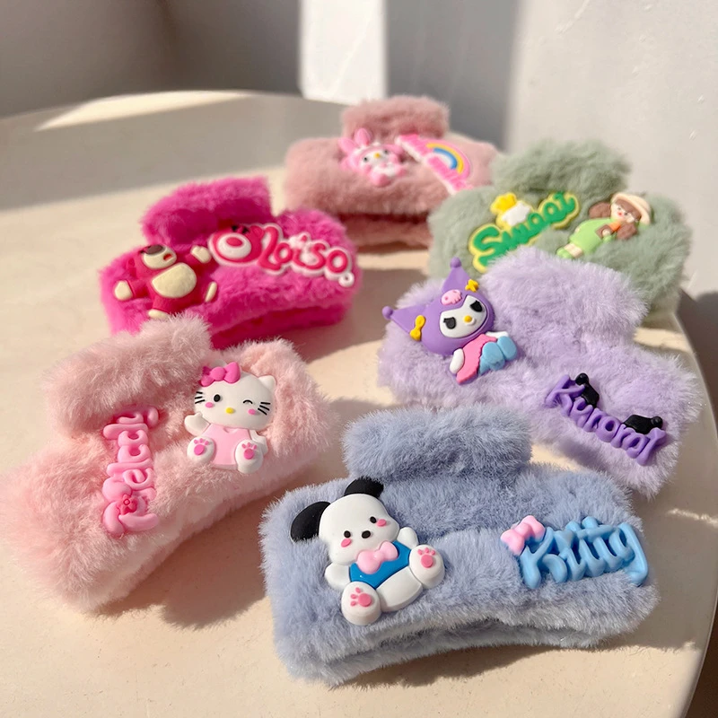 

2023 New Cute Plush Clip Cinnamoroll Shark Clip Female Hello Kitty Word Card Back of The Head Hair Grab Student Hair Accessories