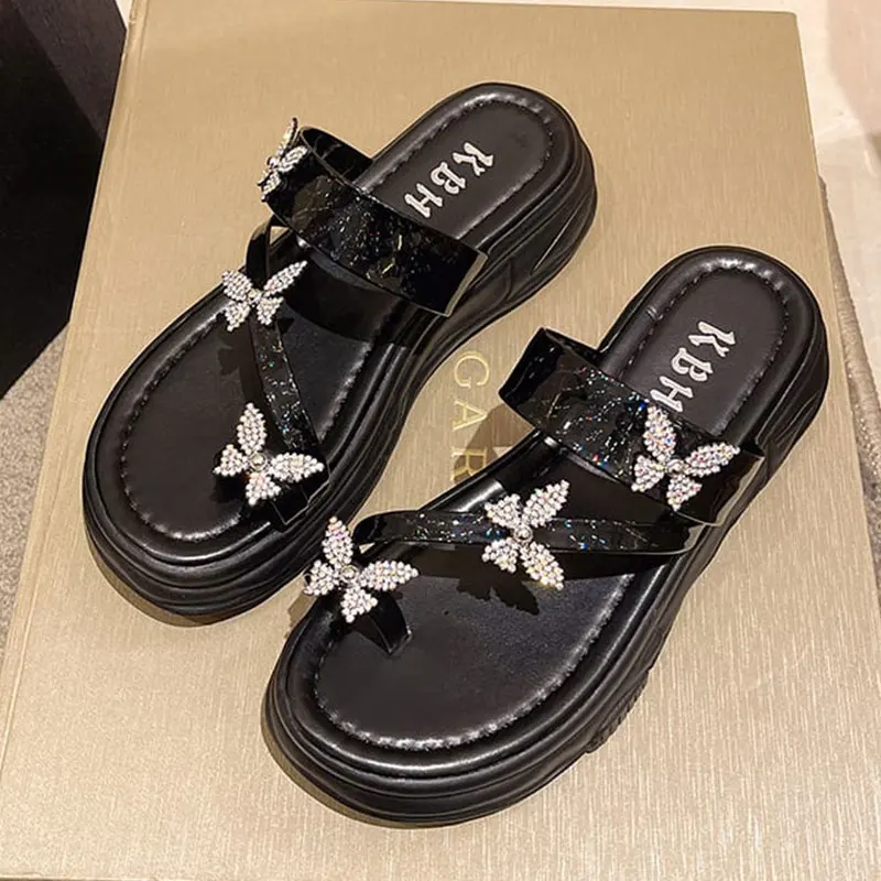 

Summer Women's Sandals Sparkling Crystal Butterfly-Knot Shoes Slippers For Ladies Bohemia Solid Fashion Platform Flat Sandals