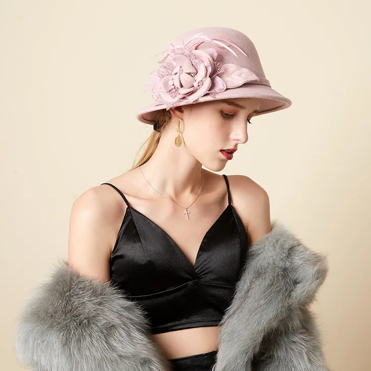 

Fisherman Hat Female British Retro Feather Flower Woolen Top Hat Korean Version Elegant Lady Felt Hat Basin Hat Wholesale