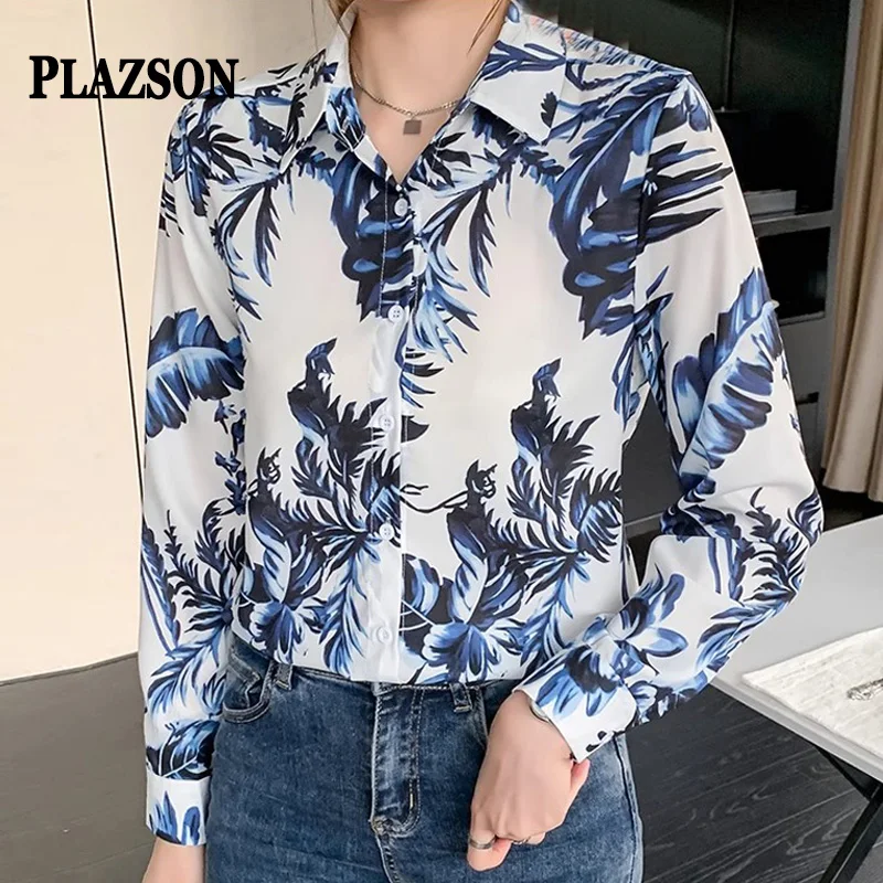 

PLAZSON Long Sleeve Shirt Women's Autumn Clothes Print Vintage Female Blouse Casual Tops Streetwear рубашка женская blusa mujer