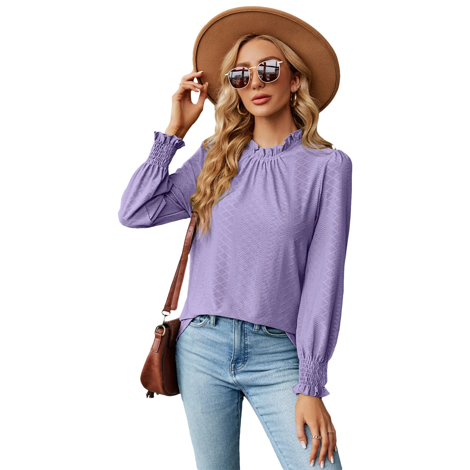 

New Lace Collar Lantern Sleeve Loose Pleated T-Shirt Casual Ladies Blouse Office Puff Tops Frills Neck Ruffles Smocked Cuffs