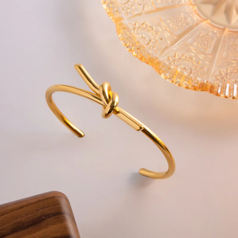 

Minar Simple Knotted Cuff Bracelet for Women Mujer 18K Gold Plated Stainless Steel Bangle Statement Office Career Accessories