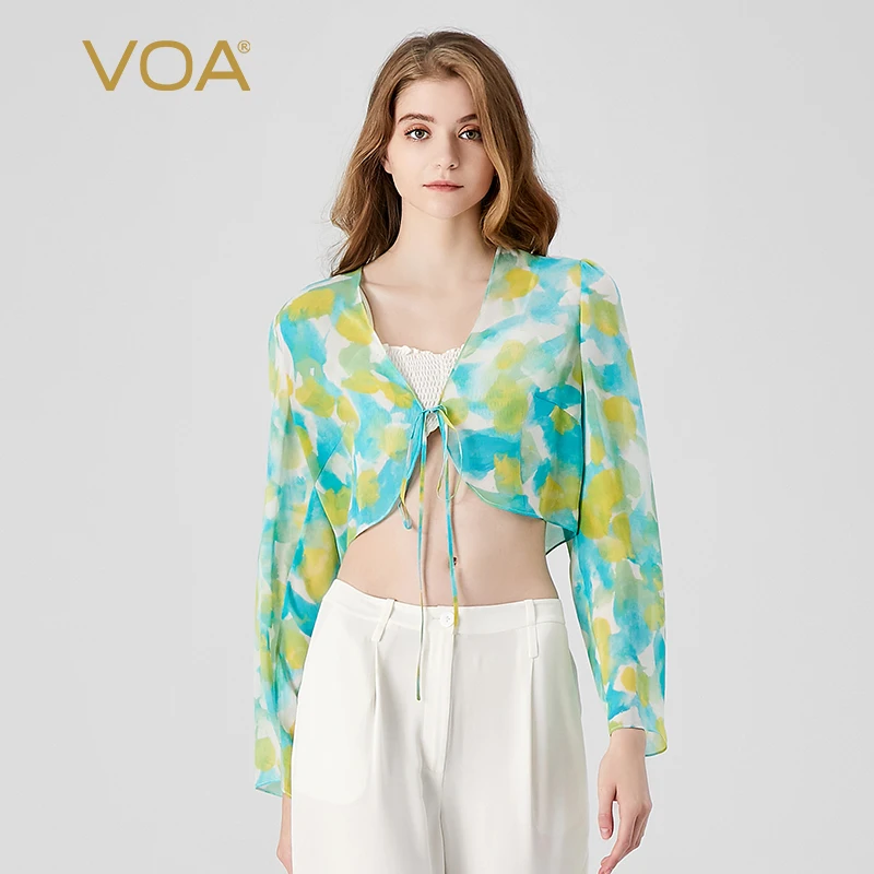 

(Fans Exclusive Discount) VOA Silk Printing Georgette V-neck Long Sleeves Lace Up Short Holiday Versatile Boho Coat New WE237