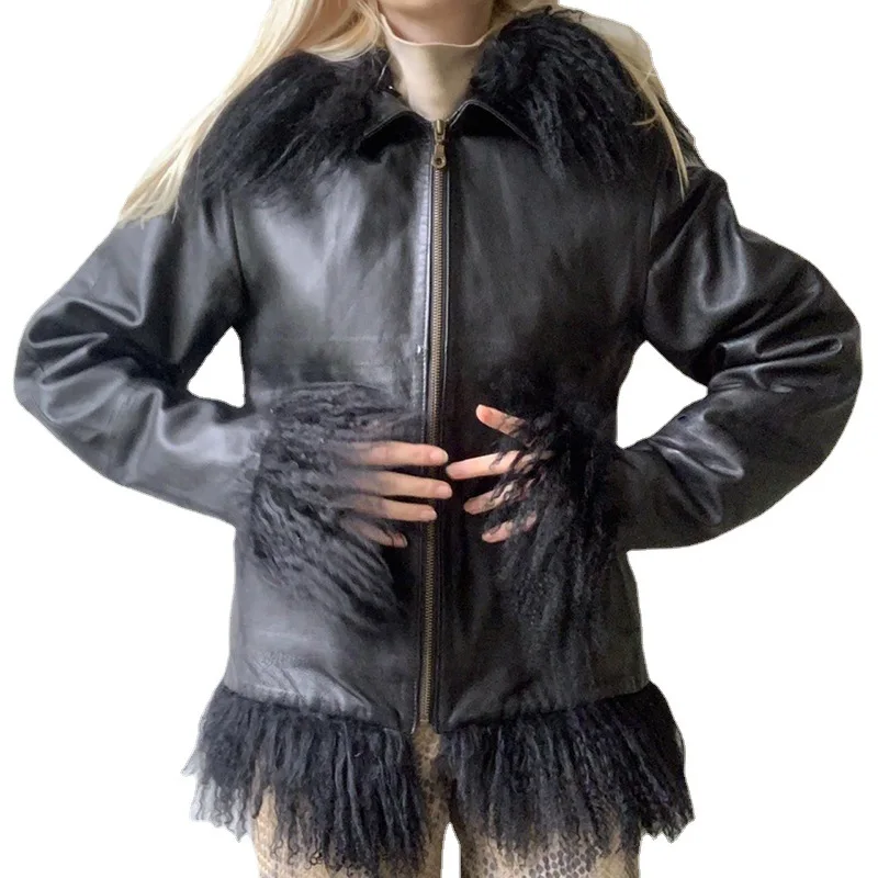 Gothic Black Elegant Fashion Faux Leather Jacket High Street Fashion Zip Up Long Sleeve Autumn Jackets Women Fur Trim Coats Punk