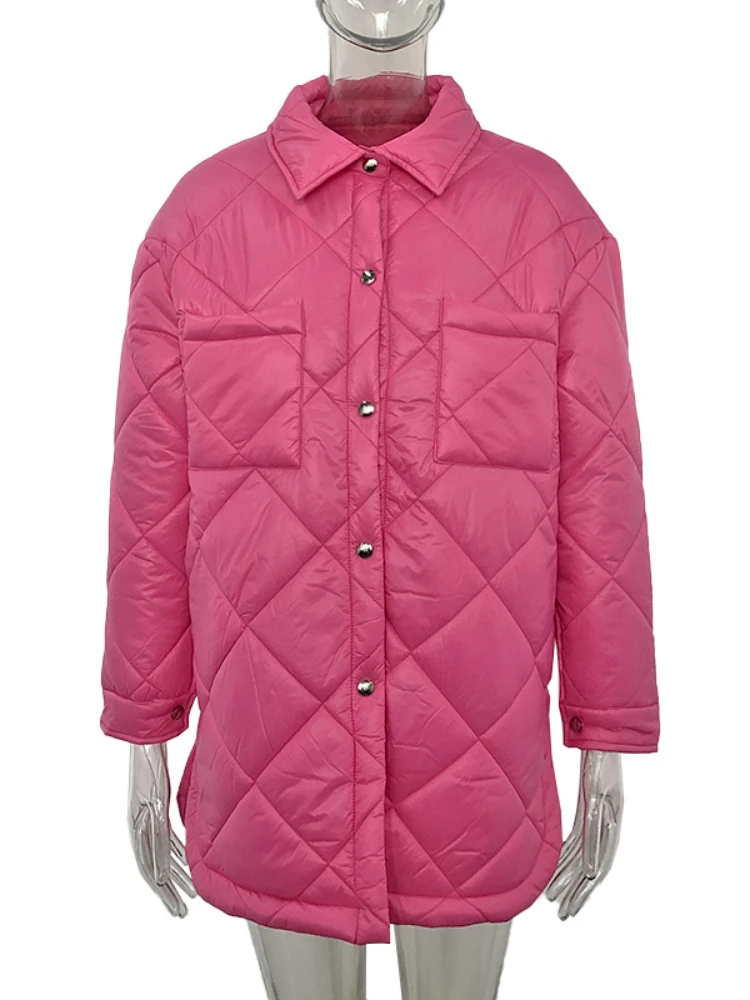 Fashion Turn Down Collar Single Breasted White Argyle Parka for Women 2022 Ladies Casual Turn Down Collar Black Cotton Coats