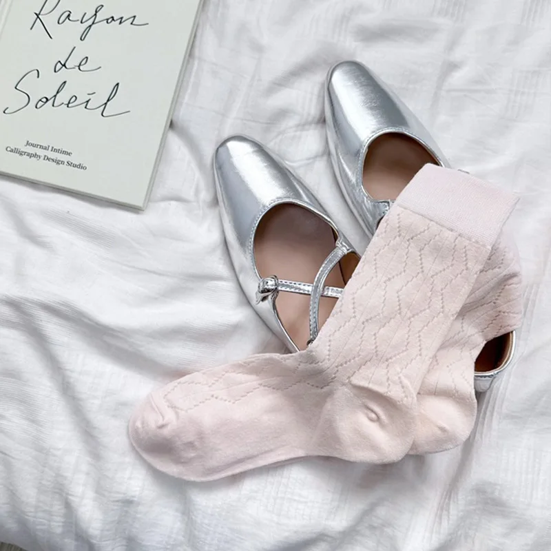 Mitu ballet style openwork socks Gentle cream cotton socks children Summer thin Japanese medium barrel stack socks