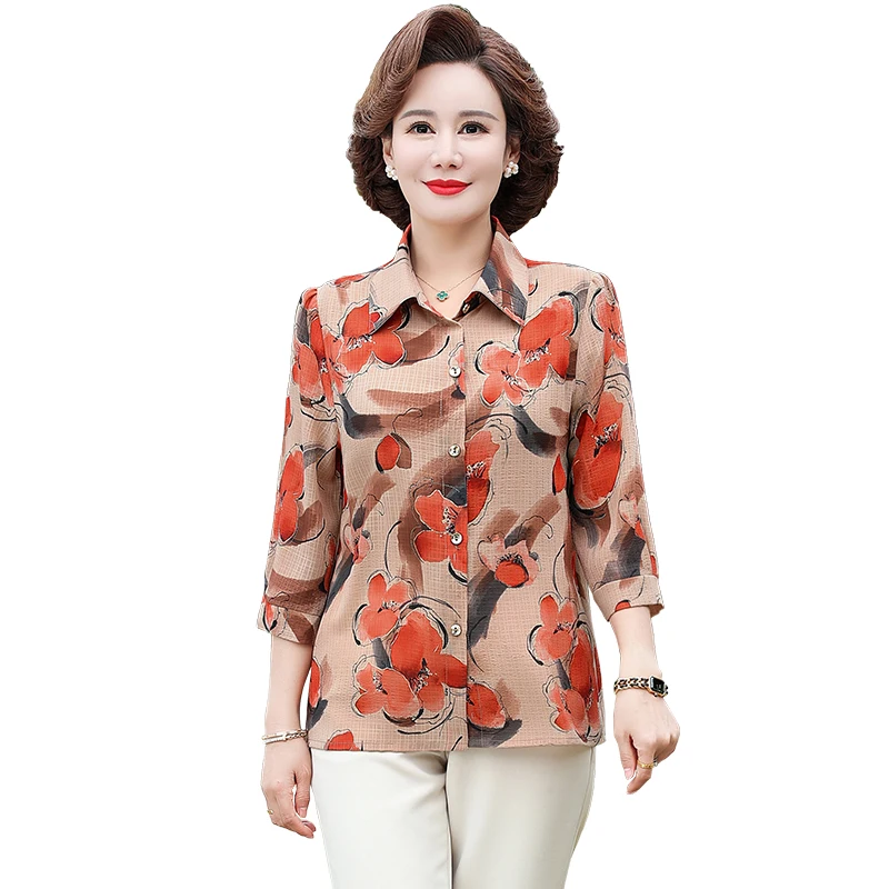 

Female Blouse Middle-Aged Elderl Shirt 2023 Spring Summer Womans Mother Ladies Coat Seven Sleeves Collared Shirt Tops