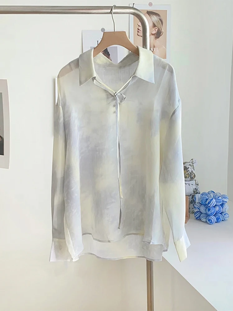 

2022 Autumn Summer Women New Tie Dye Turn-down Collar Lace Up Blouses Baggy Long Sleeve Design Harajuku Loose Shirt Tops Cozy