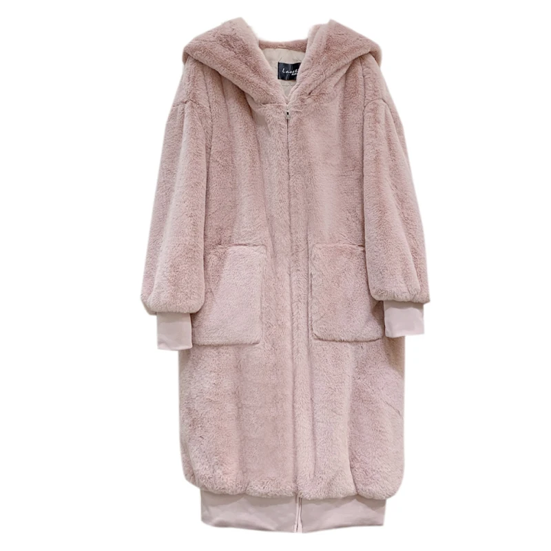 

2021 Autumn Winter New Imitation Rabbit Hair Thickened Warm Long Hooded Fur Coat Oversize Female Faux Fur Overcoat Women