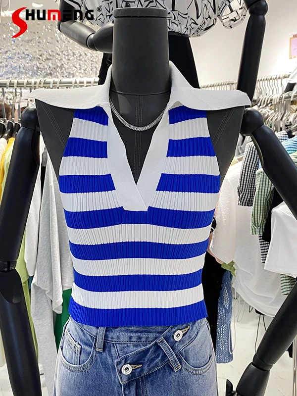 

Korean Style 2022 Summer New Casual Striped Ice Silk Sweater Vest Women Fashion Elegant Sleeveless V-neck Slimming Knitted Tanks