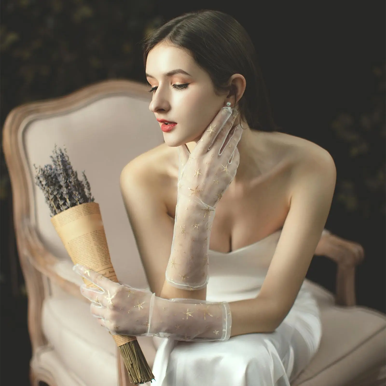 

Bride Wedding Gloves Elbow Length Gold Star Women Bridal Elbow Long Gloves