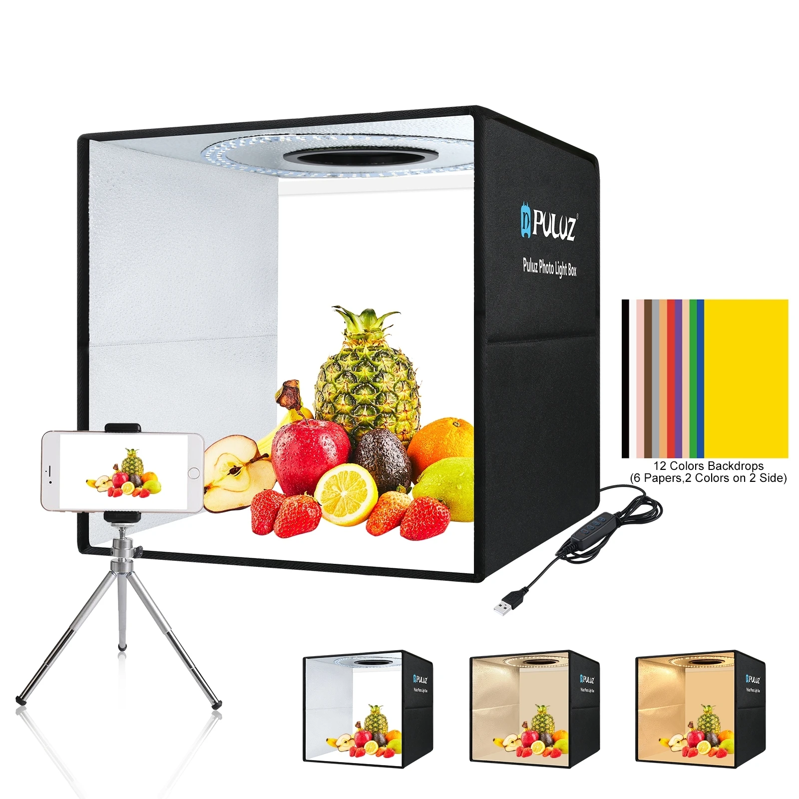 

Puluz 40*40 cm Photo Studio Lightbox LED Light Photography Softbox Folding Shooting Tent Box Kit 12 Colors Backdrops Photobox