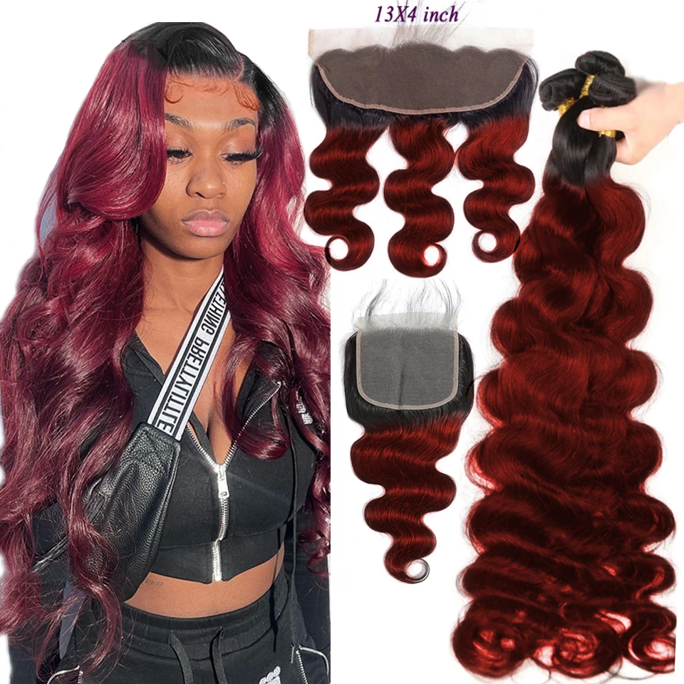 

Lumiere 1b/99J Ombre Body Wave Bundles With Closure Frontal Peruvian Burgundy Remy Human Hair Weaves Closure Frontal With Bundle