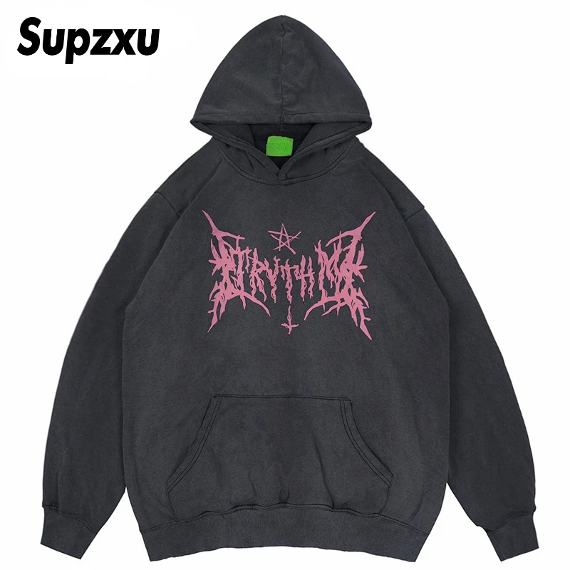 

Hip Hop Washed Hoodie Streetwear Sweatshirt Star Print Hooded Pullover 2021 Men Harajuku Cotton Casual Autumn Sweat Shirt Grey