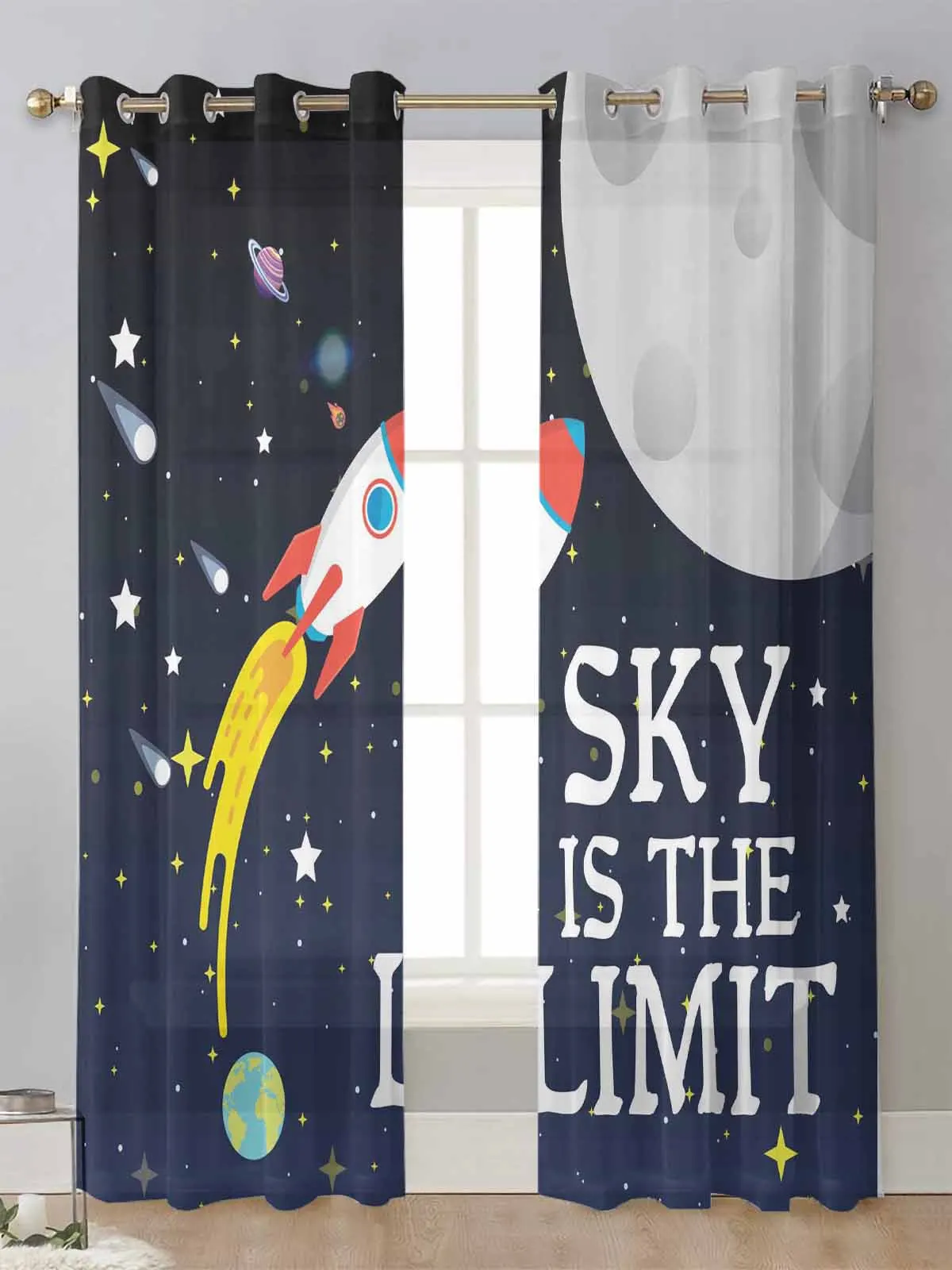 

Space Universe Planet Rocket Starry Sky Sheer Curtains For Living Room Window Voile Tulle Curtain Cortinas Drapes Home Decor