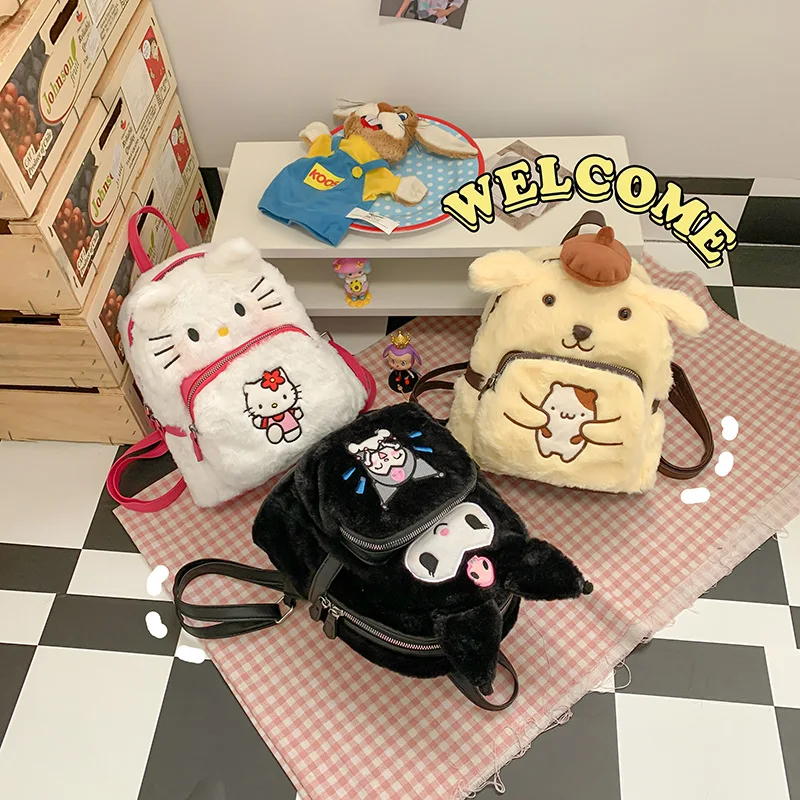 

Cartoon Sanrios Plush Hello Kittys Kuromi Pom Pom Purin Cute Backpack Kawaii Girl Heart Shoulder Bag Handbag Storage Bag Gift