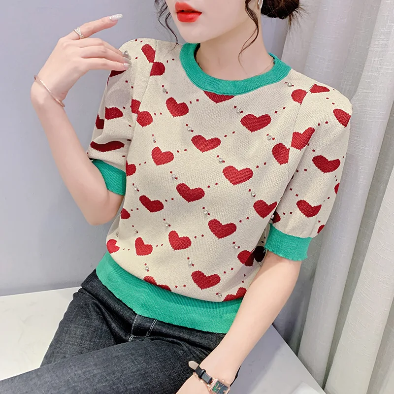 

2022 Spring New Color Matching Love Diamond Round Neck Short-sleeved T-shirt Women's Ins Slim Design Sense Knitted Sweater Top