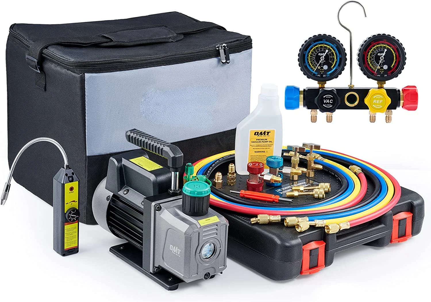 Vacuum  and Gauge Set, 4.5 cfm HVAC Vacuum  and 4 Way AC Gauges for R134a R410a R22 Refrigerants, with Leak Detector, Puncture a
