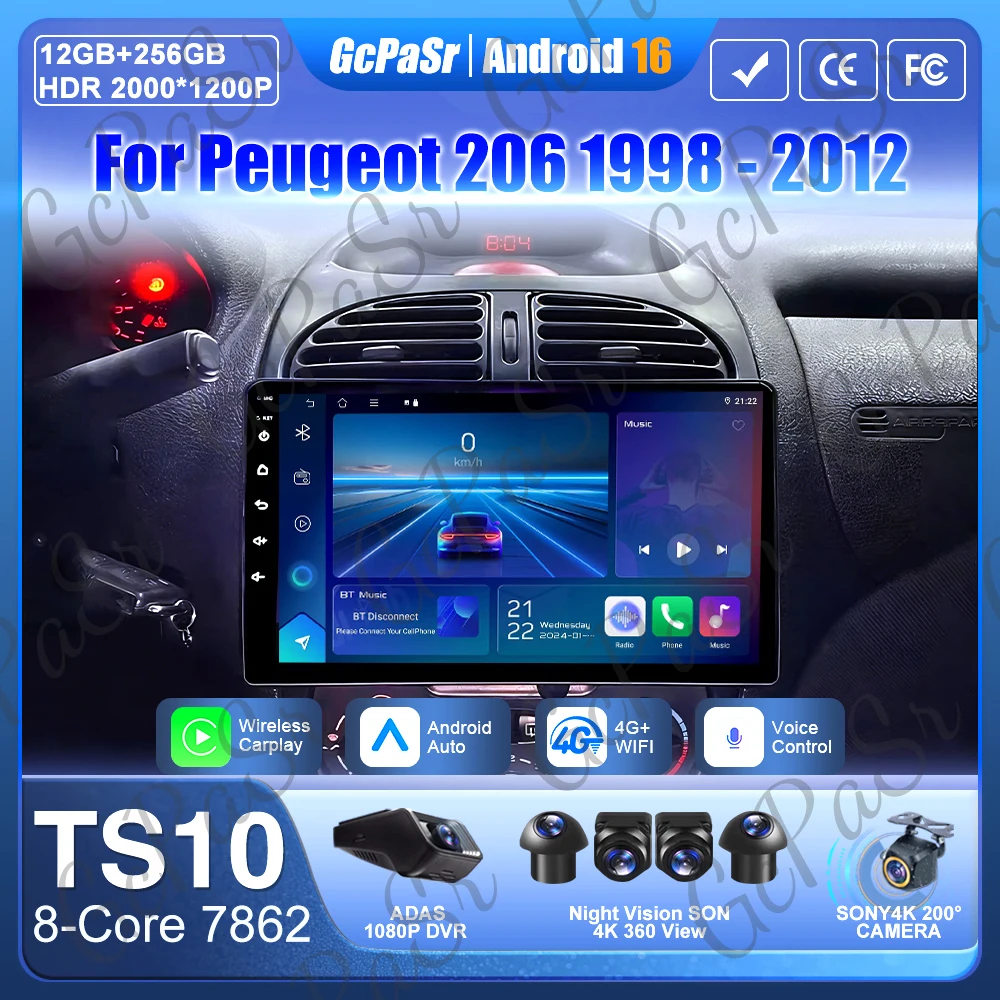 Фото Видео для Peugeot 206 1998 1999 2000-2012 Android 15 GPS-навигация Автомобильный радиоприемник Carplay Автомобильный монитор Дисплей без экрана 2din BT 2k №1