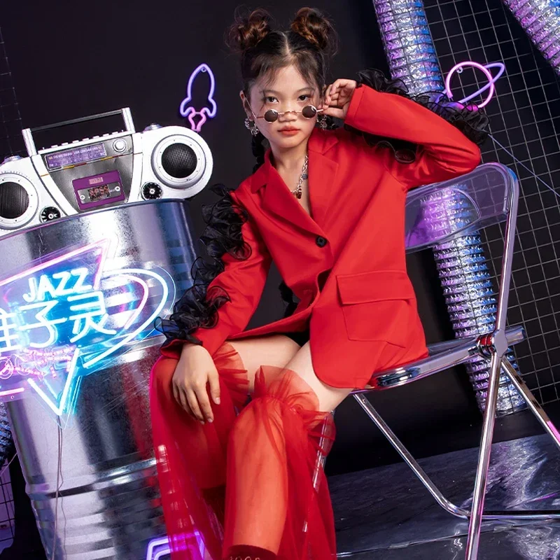 Детский наряд для подиума на сцене одежда Kpop девочек красный костюм детская