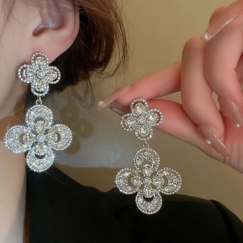 

Minar Hyperbole Sparkly Rhinestones Flower Petal Dangle Earrings Hollow Out Floral Long Earring for Women Mujer Wedding Jewelry