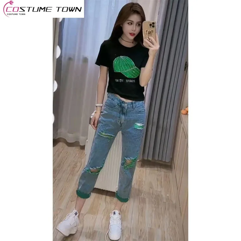 Женский модный комплект футболка с бриллиантами и джинсы разрезом высокой