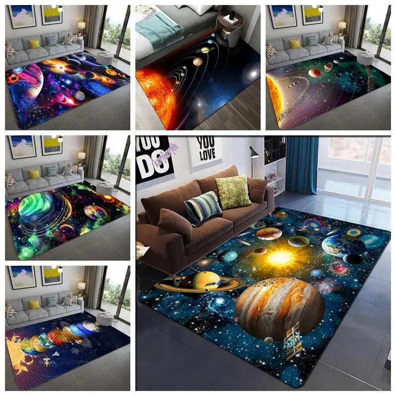 

Blue Starry Sky Children's Room Rug Carpet 3D Space Planet Art Carpets Anti-slip Mat Home Decoration Play Crawling Mat Area Rug