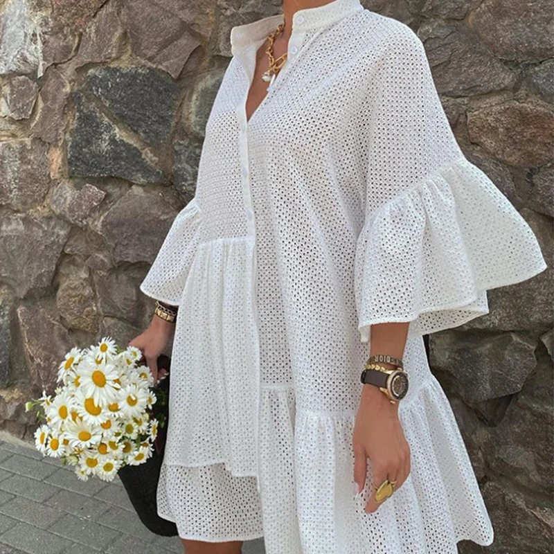 

Female Casual Solid Color Loose Mini Dress Women Single Breasted Ruffles Irregular Dress Elegant V Neck Hollow Out A-line Dress