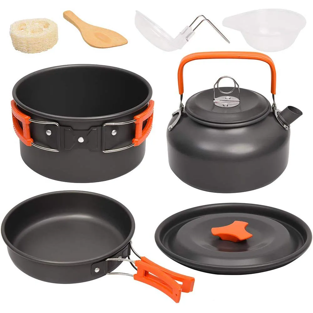 

Camping Cookware Kit Outdoor Aluminum Cooking Set Water Kettle Pan Pot Travelling Hiking Picnic BBQ Tableware Camping Equipment