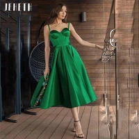 jeheth new style green satin spaghetti straps short prom dress woman sweetheart neck tea length formal evening party gowns