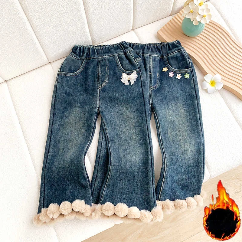 Флисовые джинсы для девочек эластичный пояс утепленные кружевные теплые