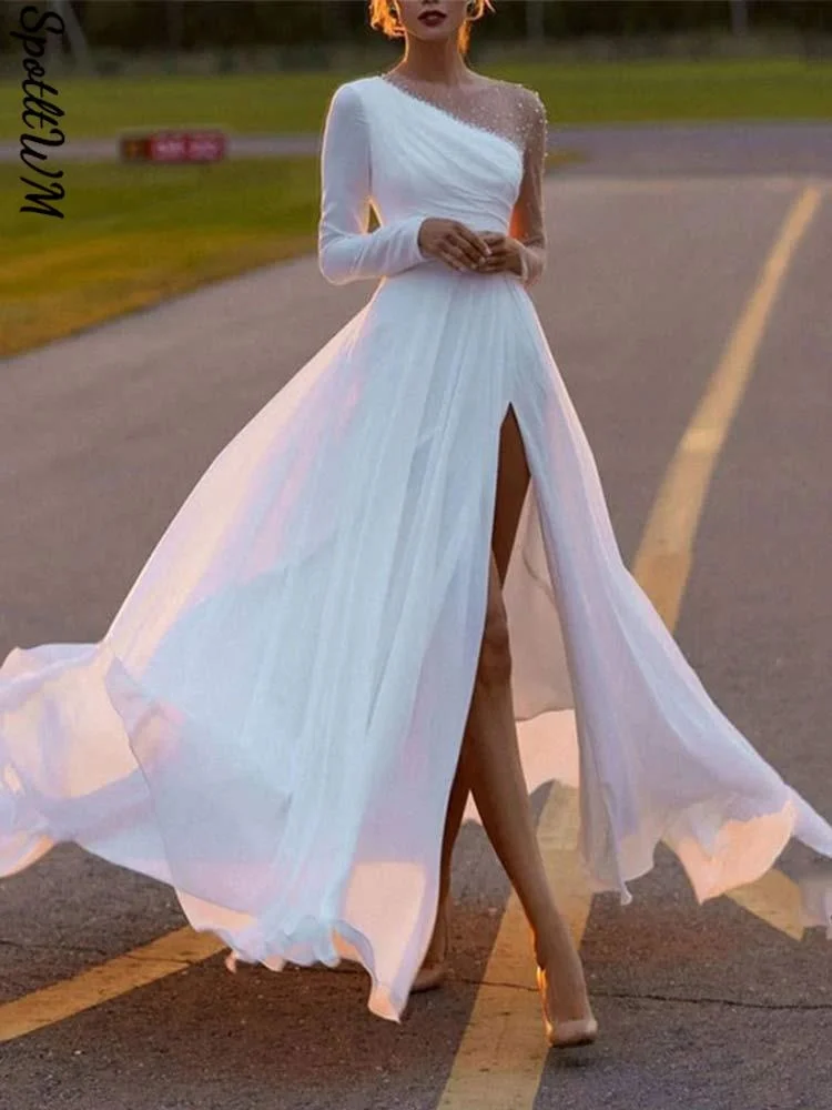 

Women's Backless Club See Through Mesh Long Sleeve Maxi Dress 2023 Summer Female Patchwork High Split Loose Beach Dresses