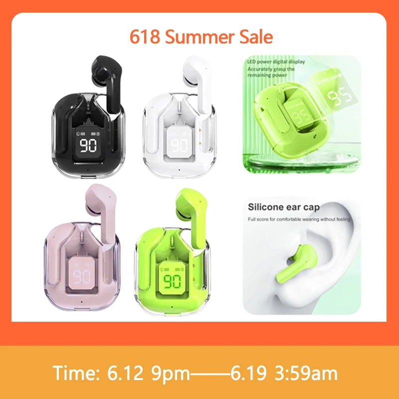 

Wireless Headphones Transparent Earphones LED Power Digital Display Stereo Sound Bluetooth-compatible 5.3 for Sports Working