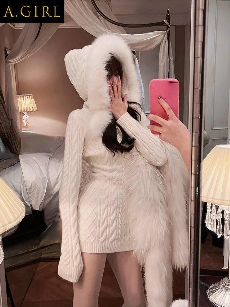 

2022 Winter Elegant Bodycon Y2k Mini Dress Woman Hooded Pure Color Short Party Dress Casual Long Sleeve Knitted Dress Korea Chic