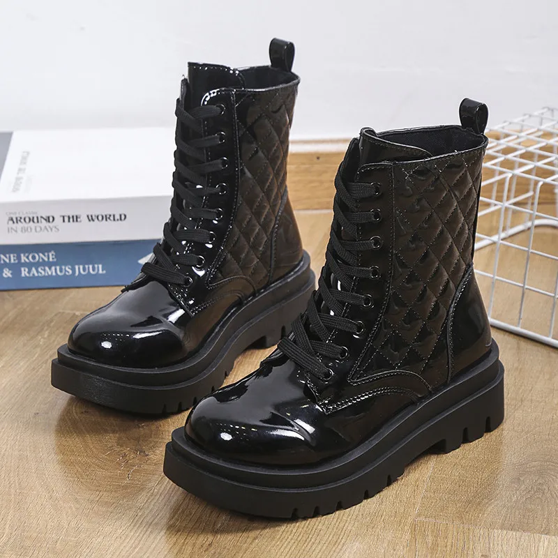 

Spring and Autumn 2022 New Ankle Boots Thick Soled Lace Up Gothic Women's Shoes Warm Leather Medium Heel Sneakers