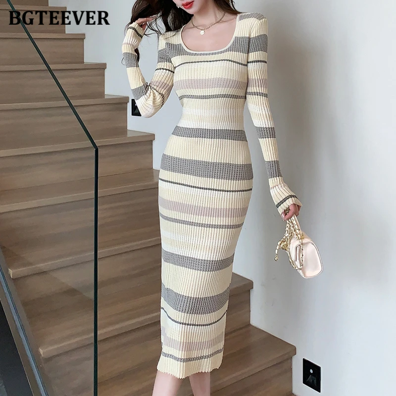 Платье BGTEEVER женское трикотажное в полоску модное элегантное облегающее