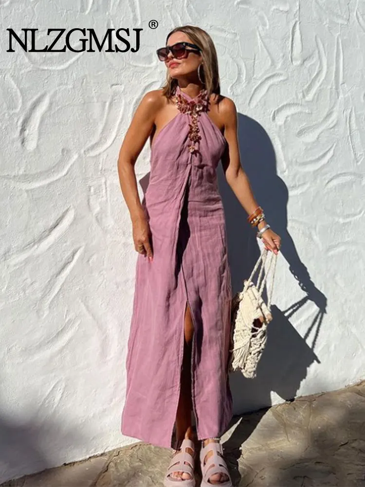 

TRAF Женское платье с лямкой на шее для отпуска, Летнее Длинное платье средней длины без рукавов с перекрестной шнуровкой и открытой спиной, 2023