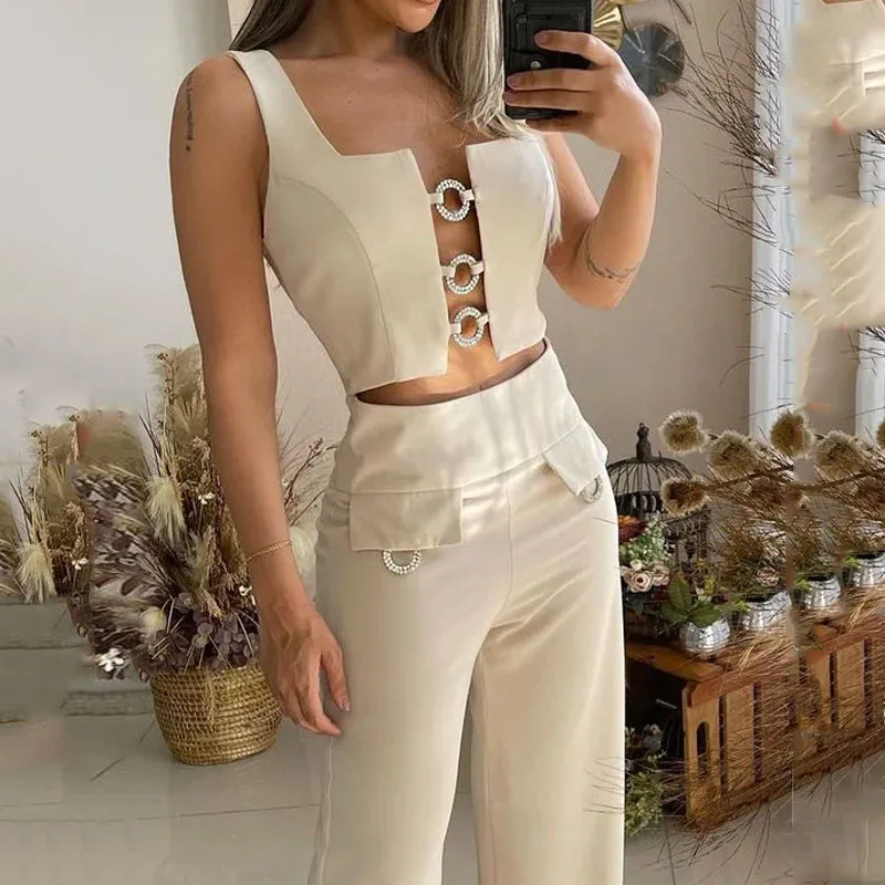 2023 Women Two Piece Set Summer Sexy Sleeveless Hollow Square Neck Solid Tank Top Loose Wide Legs With Fake Pockets Pants Y2K