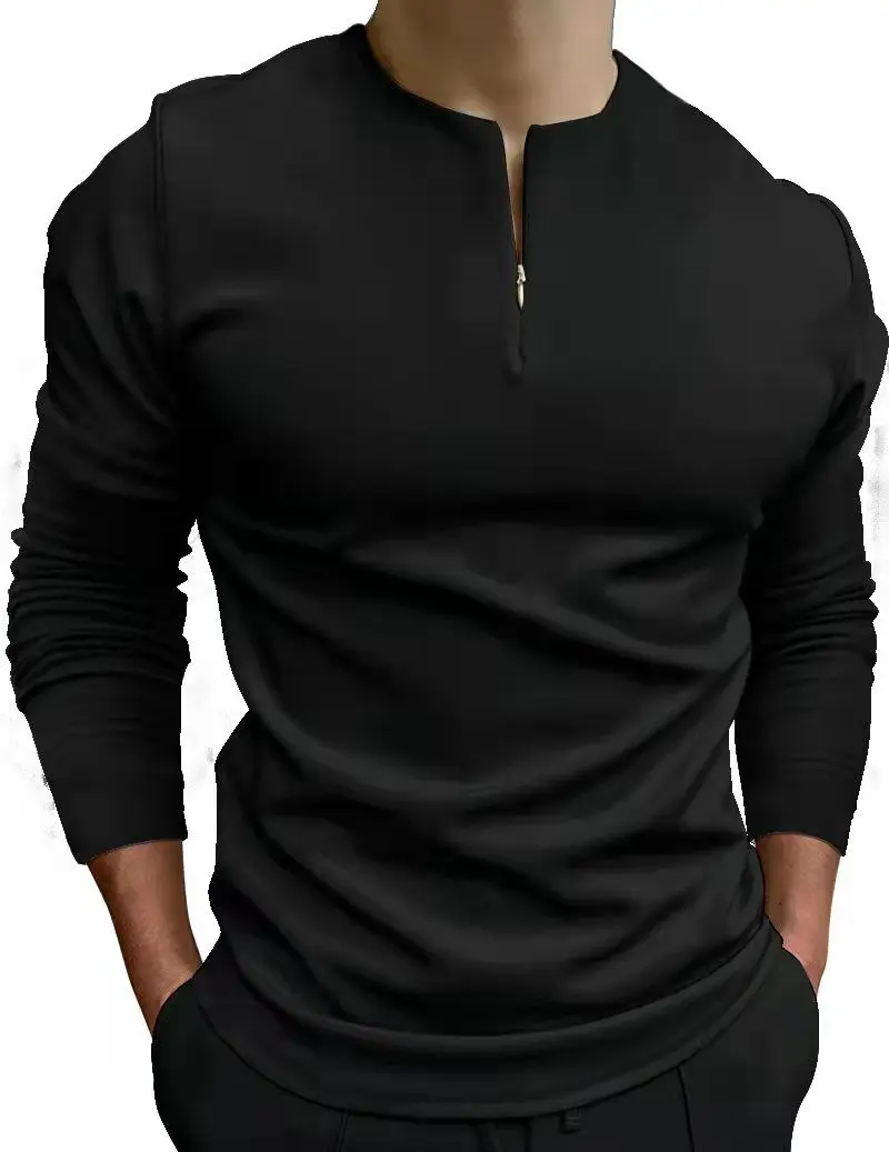 

2022 Men Casual Polo shirts khaki Without Collar Long Sleeve Zipper Design Tops Harajuku Men's Streetwear Men's fashion polo