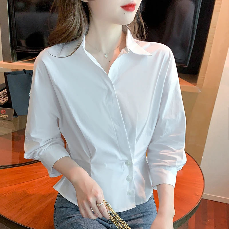 Three-Quarter Sleeve Waist Chiffon Shirt Top 2022 Early Spring New Design Sense Chic Shirt Women's White Shirt