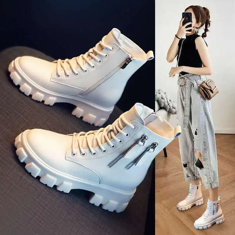 

Shoes Women's Heels Sneakers Platform Thick Sole 2022 Square heel Zip PU Basic Med Short Plush Ankle Round Toe Solid Rubber Zipp