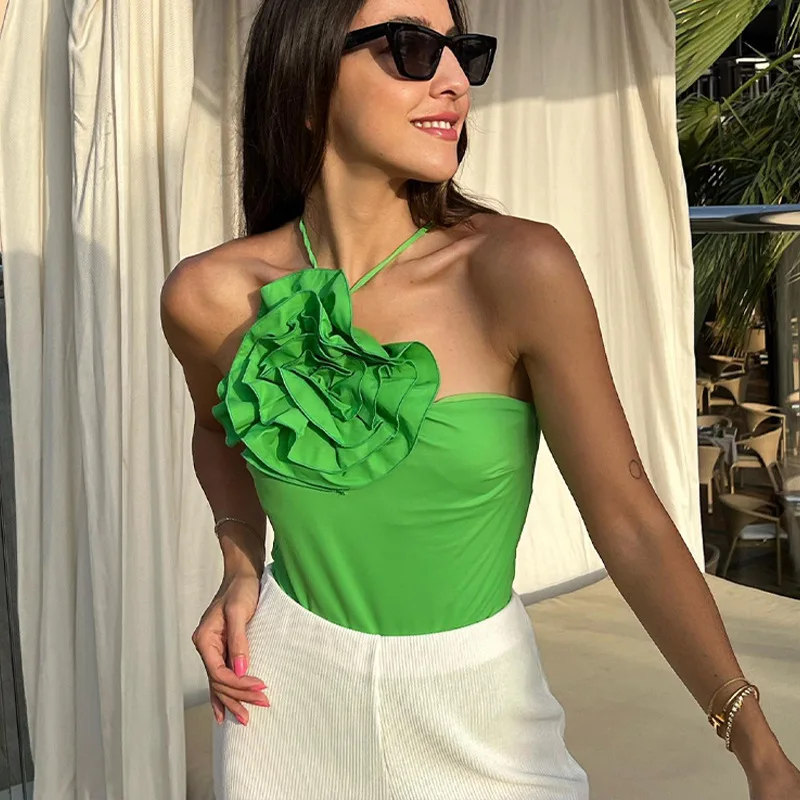 

Ruched Floral Fashion Strap Crop Tops Women 2022 Green Off Shoulder Chic Party Halter Summer Woman Tops
