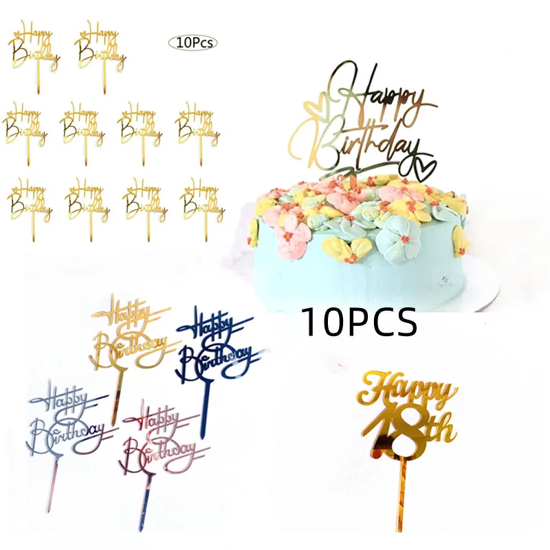 

10 Pcs Happy Birthday Cake Topper Decoration red Gold Acrylic Kid's Birthdays Cake Toppers for Baby shower Party Baking Supplies