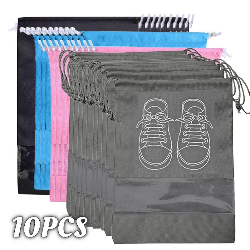 

10pcs Shoes Storage Organizer Bags Non-woven Travel Portable Closet Bag Waterproof Pocket Clothing Tranparent Hanging Bag