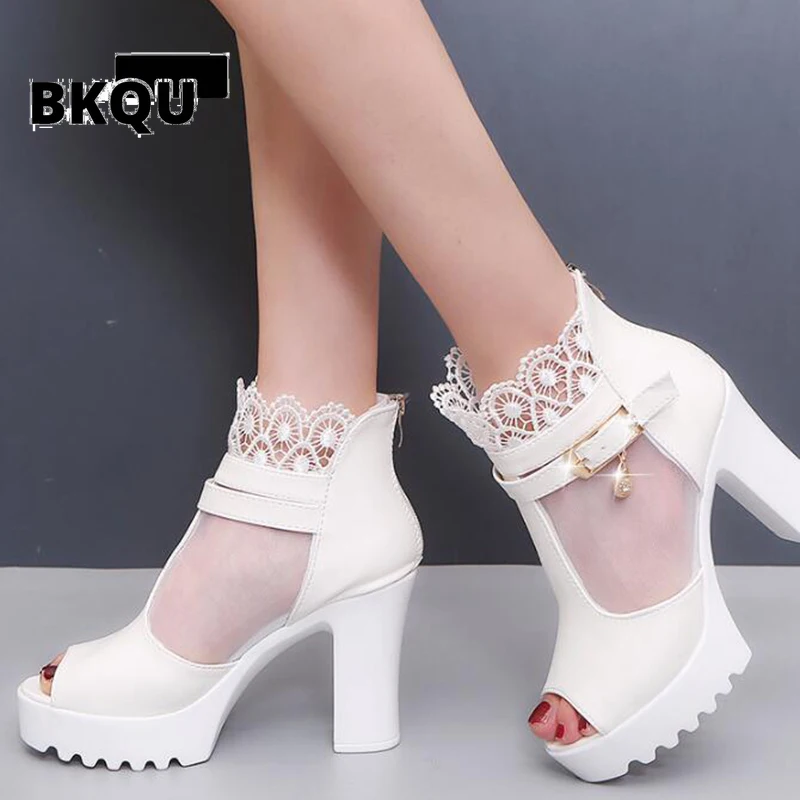 

2022 Autumn Women Ankle Boots Peep Toe Platform Woman Shoes Lace Cuff Booties Chunky Heel Pumps Summer Sandals